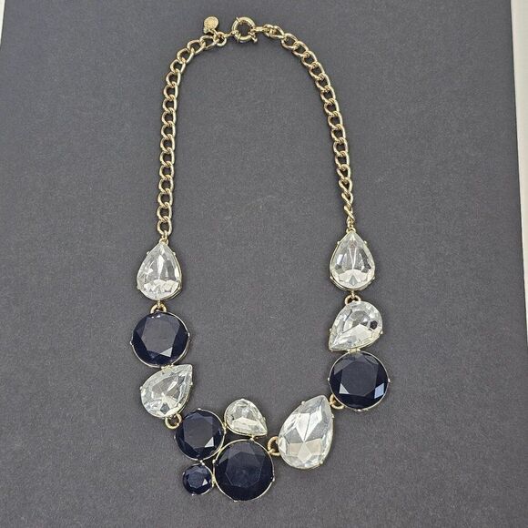 J. Crew Necklace Black White Acrylic Rhinestone Gold Tone Statement Chunky Bib - Picture 10 of 15